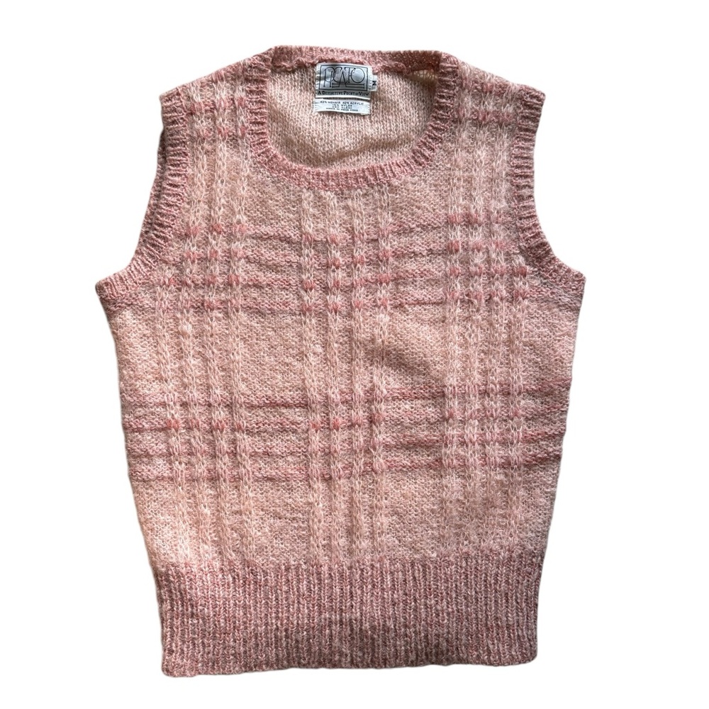 Vintage 70’s Picato Plaid Knit Mohair Blush Sweater Vest Women’s Size Medium